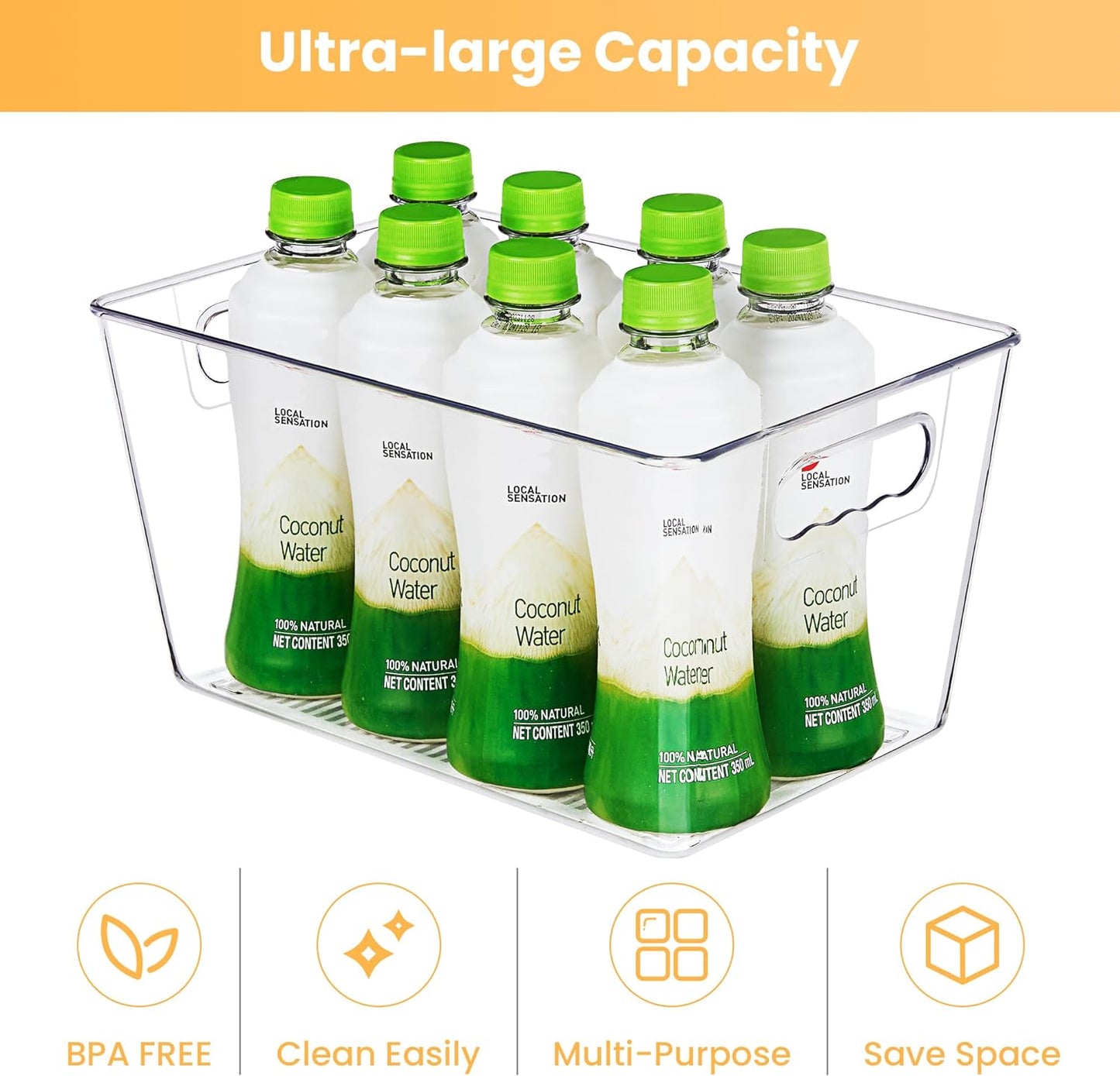 6 Pack Clear Pantry Organizer Bins, Plastic Containers with Handle for Kitchen,Freezer,Cabinet,Closet,Bathroom under Sink Storage