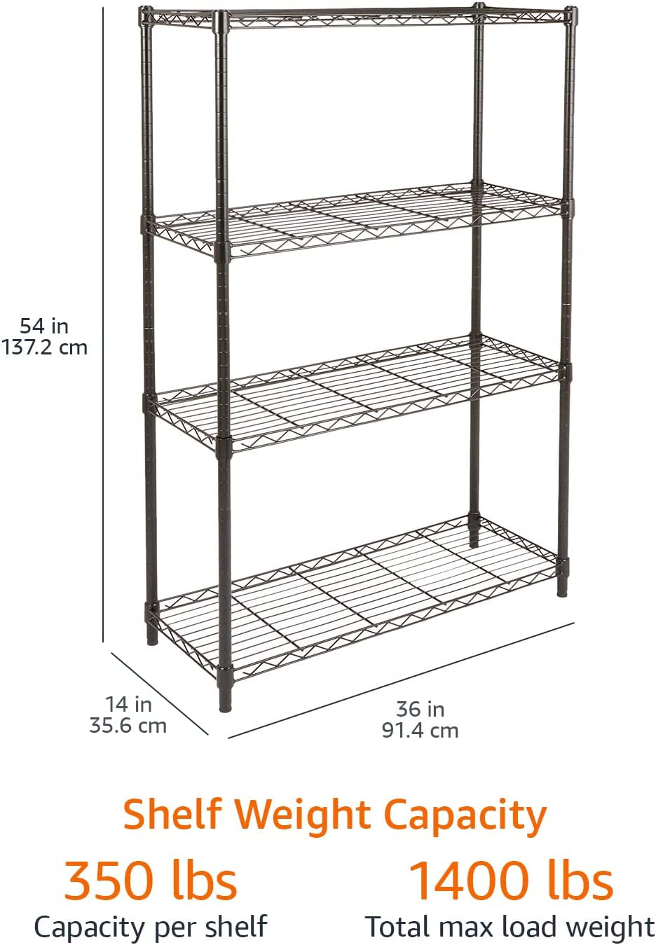 4-Shelf Adjustable Heavy Duty Steel Wire Rack Storage Shelving Organizer for Kitchen, Garage, 36" L X 14" W X 54" H, Black