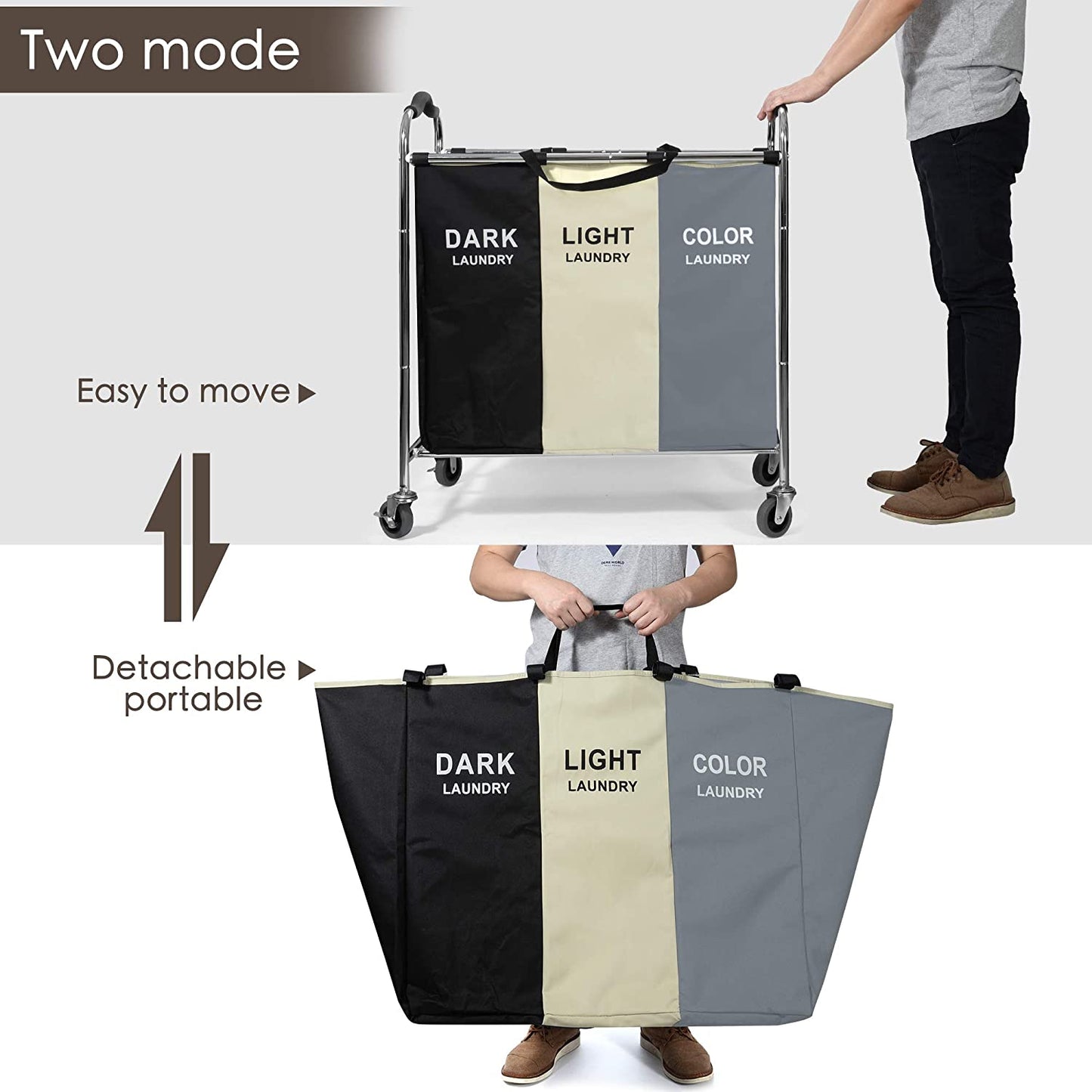 240L 3-Bag Laundry Hamper Basket Sorter Cart, 16 X 30 X 35 Inch Heavy Duty Rolling Wheels with Break for Dirty Clothes Storage Baskets Bin