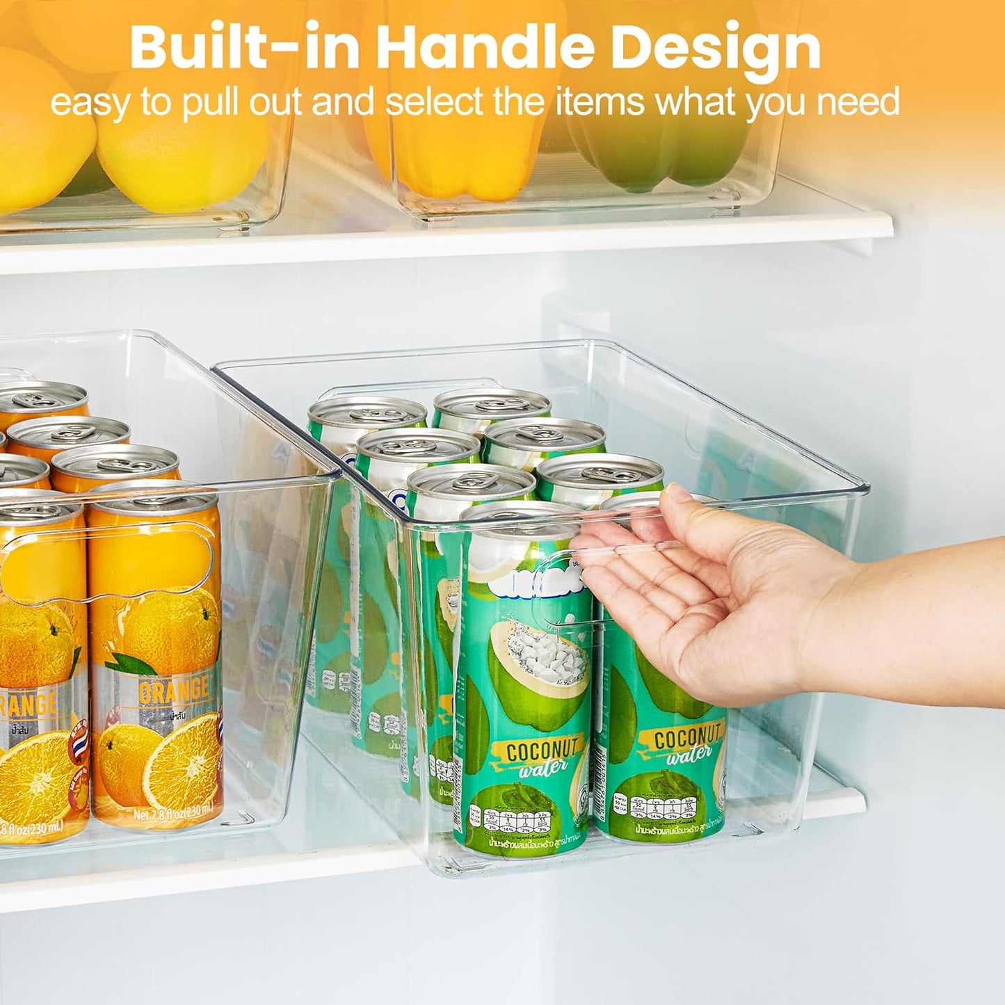6 Pack Clear Pantry Organizer Bins, Plastic Containers with Handle for Kitchen,Freezer,Cabinet,Closet,Bathroom under Sink Storage