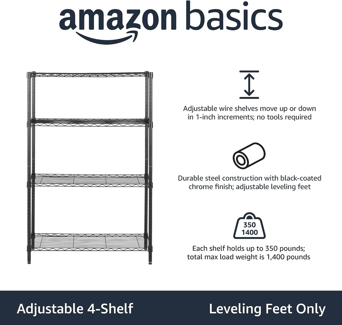 4-Shelf Adjustable Heavy Duty Steel Wire Rack Storage Shelving Organizer for Kitchen, Garage, 36" L X 14" W X 54" H, Black