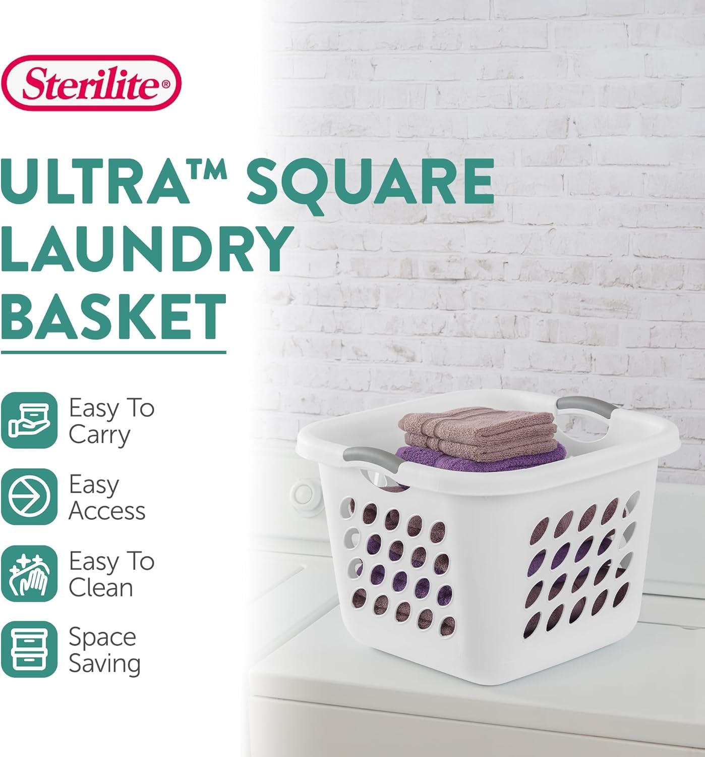 6-Pack Square Laundry Basket, Sturdy Plastic Clothes Hamper, 1.5 Bushel, White - Dirty Clothing Storage Organizer with Handles for Bedroom, Bathroom, and Closet