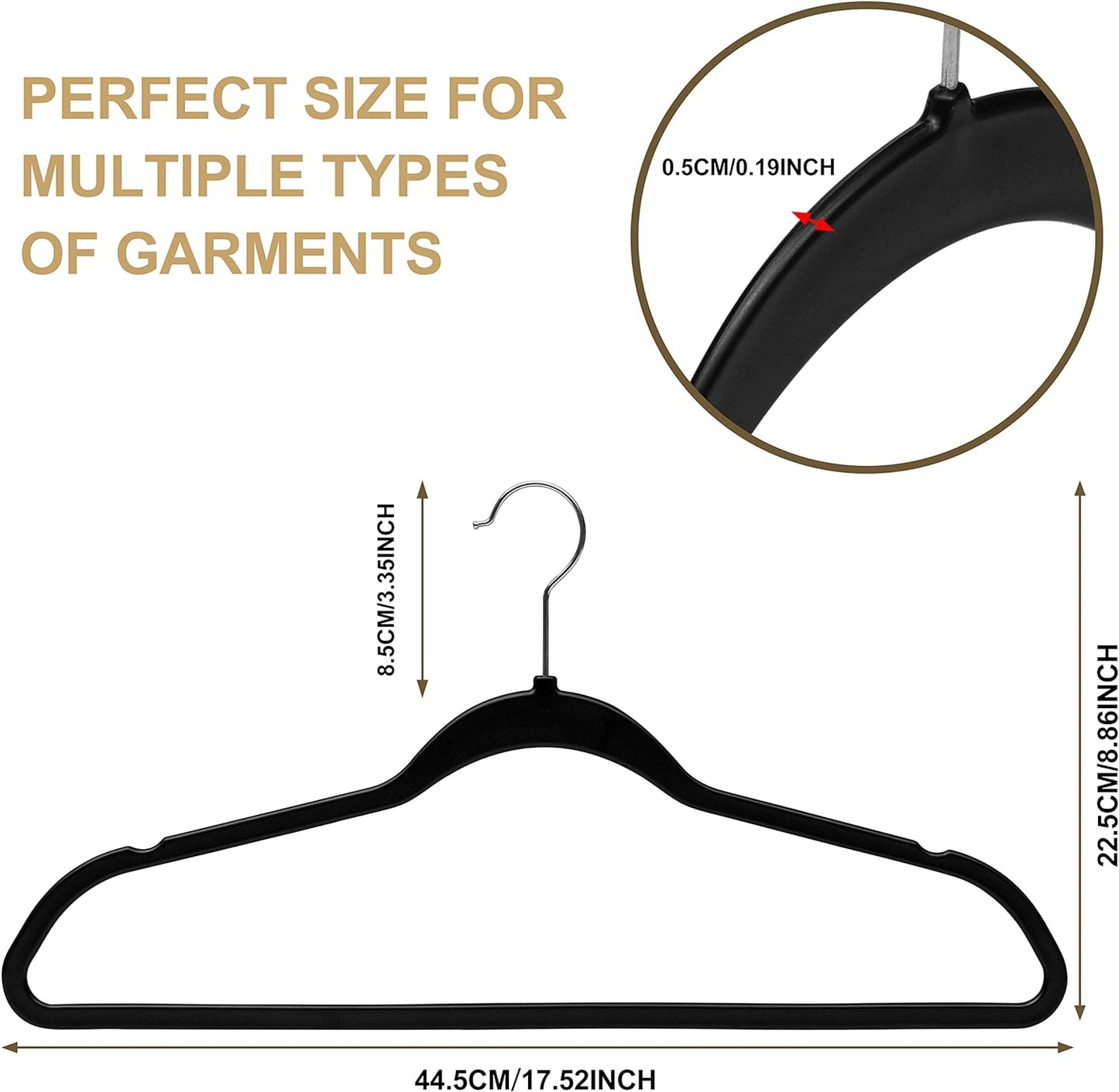 Multi Pack Slim Plastic Hangers for Clothes - Heavy Duty Non-Velvet Black Hangers with 360° Swivel Chrome Hook & Non Slip Notches - Ideal for Dresses Coats Shirts Jackets (50, Black)