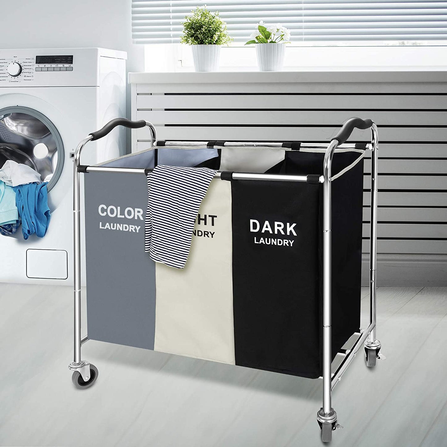 240L 3-Bag Laundry Hamper Basket Sorter Cart, 16 X 30 X 35 Inch Heavy Duty Rolling Wheels with Break for Dirty Clothes Storage Baskets Bin