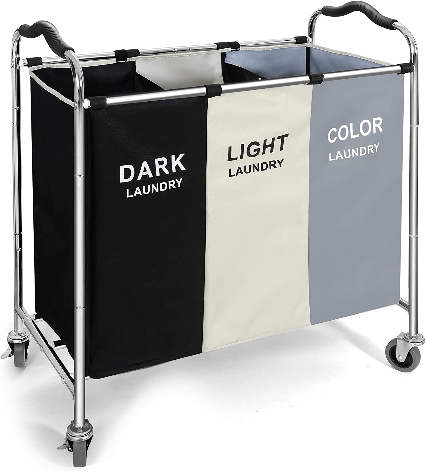 240L 3-Bag Laundry Hamper Basket Sorter Cart, 16 X 30 X 35 Inch Heavy Duty Rolling Wheels with Break for Dirty Clothes Storage Baskets Bin