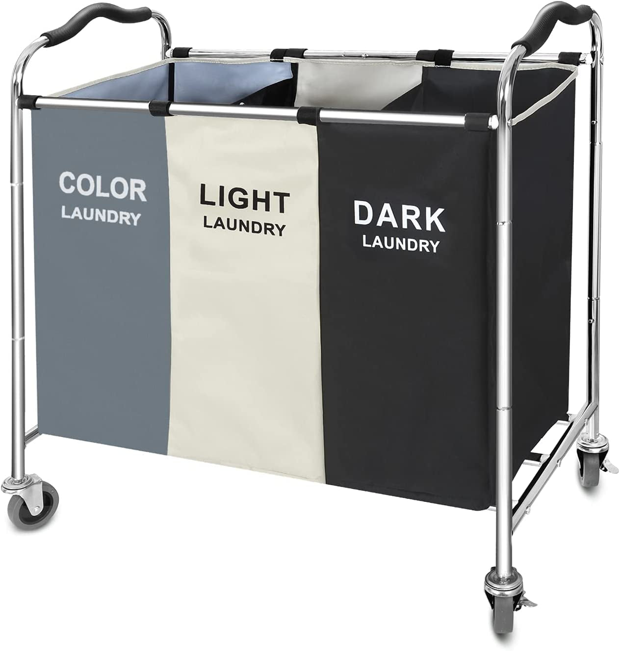 240L 3-Bag Laundry Hamper Basket Sorter Cart, 16 X 30 X 35 Inch Heavy Duty Rolling Wheels with Break for Dirty Clothes Storage Baskets Bin