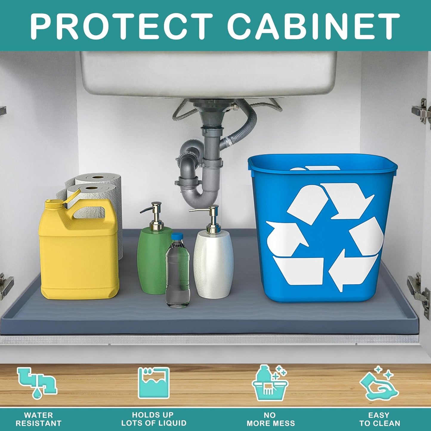 Waterproof Silicone under Sink Mat 31'' X 22'' Shelf Liner for Kitchen and Bathroom, Cabinet and Counter Protector, Storage & Organizers, Litter Mat (Dark Grey)