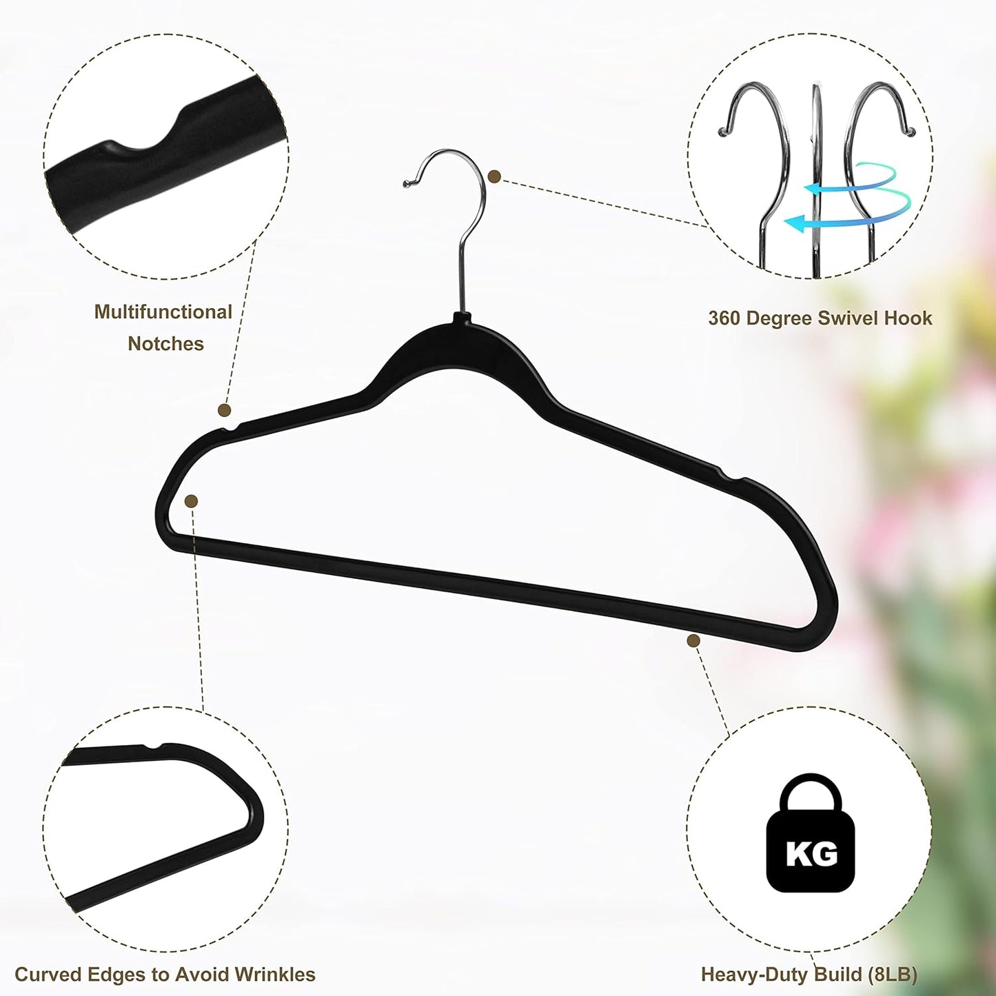 Multi Pack Slim Plastic Hangers for Clothes - Heavy Duty Non-Velvet Black Hangers with 360° Swivel Chrome Hook & Non Slip Notches - Ideal for Dresses Coats Shirts Jackets (50, Black)