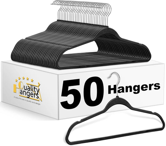 Multi Pack Slim Plastic Hangers for Clothes - Heavy Duty Non-Velvet Black Hangers with 360° Swivel Chrome Hook & Non Slip Notches - Ideal for Dresses Coats Shirts Jackets (50, Black)