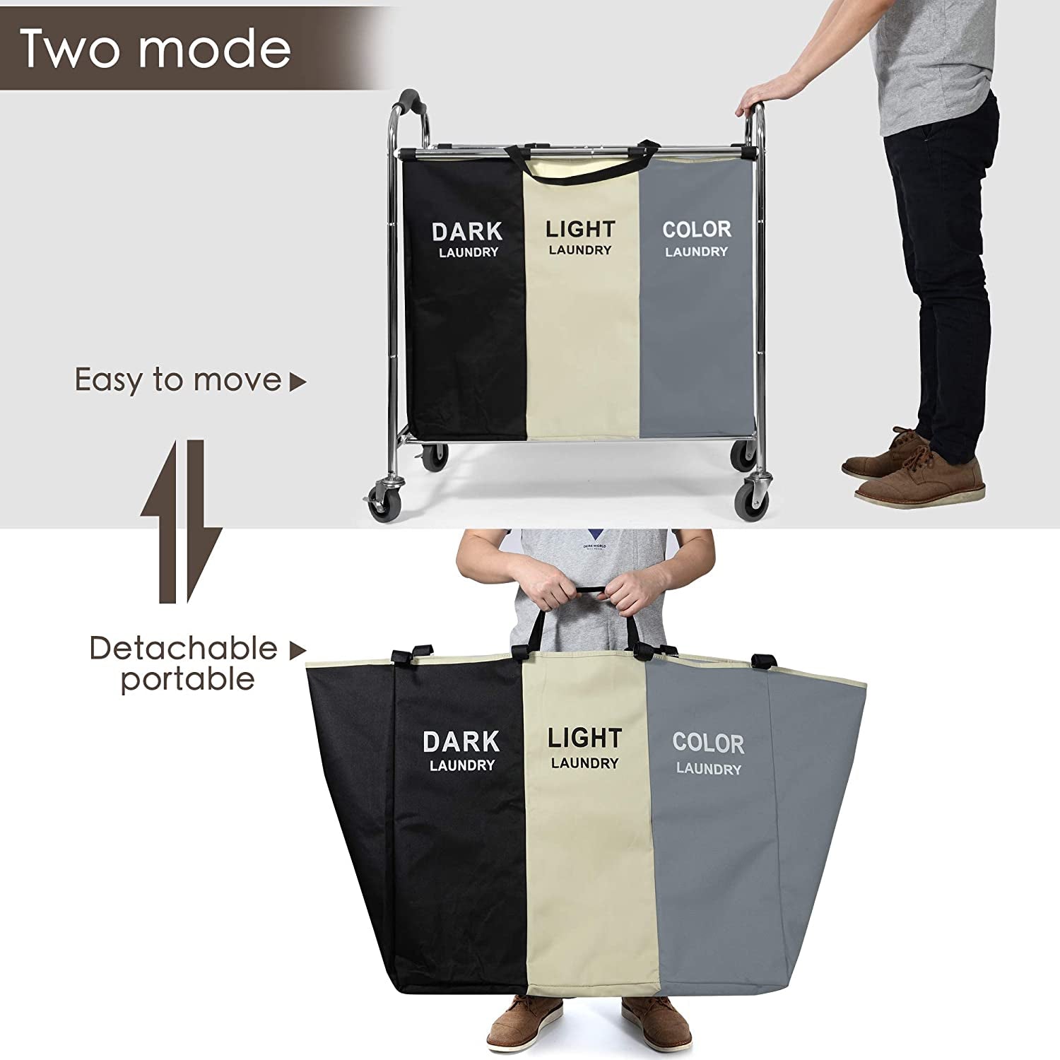 240L 3-Bag Laundry Hamper Basket Sorter Cart, 16 X 30 X 35 Inch Heavy Duty Rolling Wheels with Break for Dirty Clothes Storage Baskets Bin