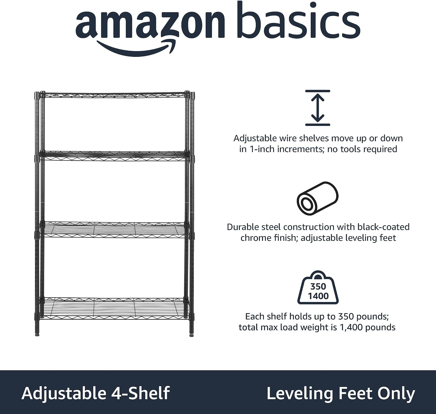 4-Shelf Adjustable Heavy Duty Steel Wire Rack Storage Shelving Organizer for Kitchen, Garage, 36" L X 14" W X 54" H, Black