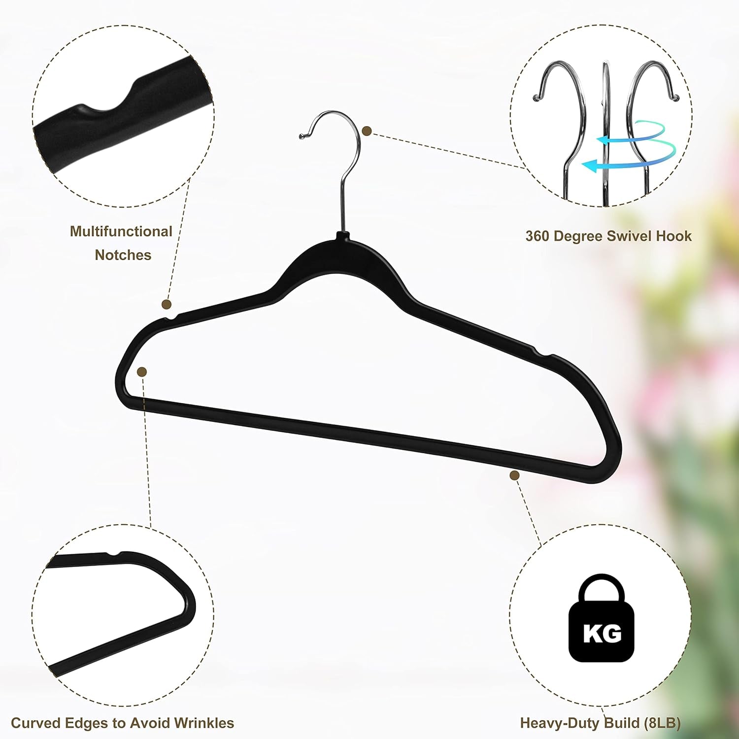 Multi Pack Slim Plastic Hangers for Clothes - Heavy Duty Non-Velvet Black Hangers with 360° Swivel Chrome Hook & Non Slip Notches - Ideal for Dresses Coats Shirts Jackets (50, Black)